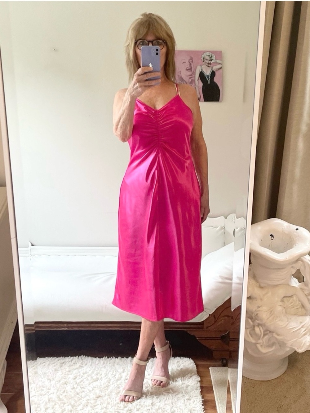 A NEW DAY VIBRANT HOT PINK SLIP DRESS SPAGHETTI STRAPS RUCHING SATINY OPEN FIT